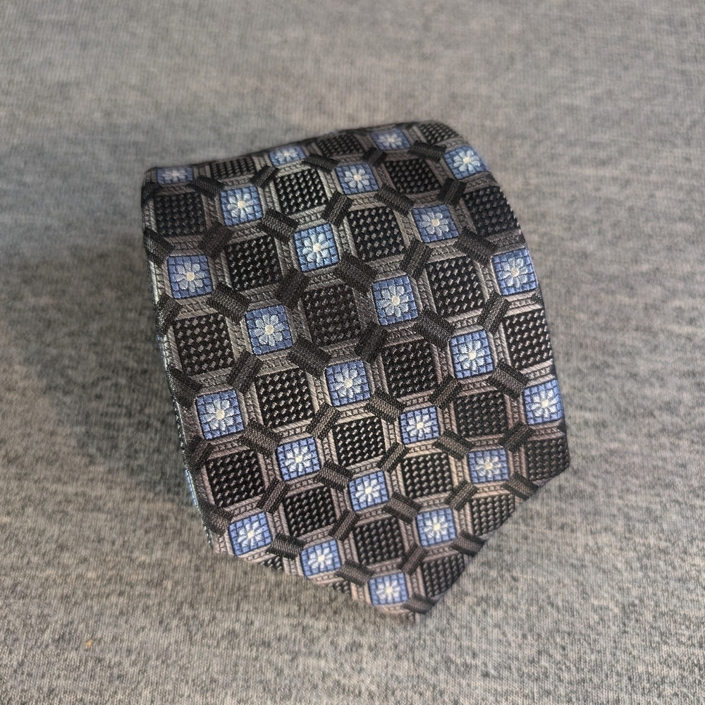Bruno Piattelli Silk Tie, Blue/Grey/Black Geometric/Floral Pattern, 60.5"